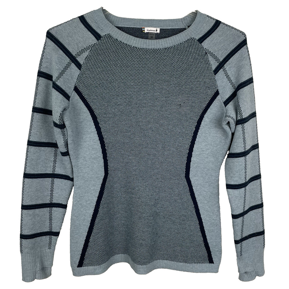 Smartwool Dacono Crew Sweater Women's M Green Gray Geometric Thumbholes Ski FLAW